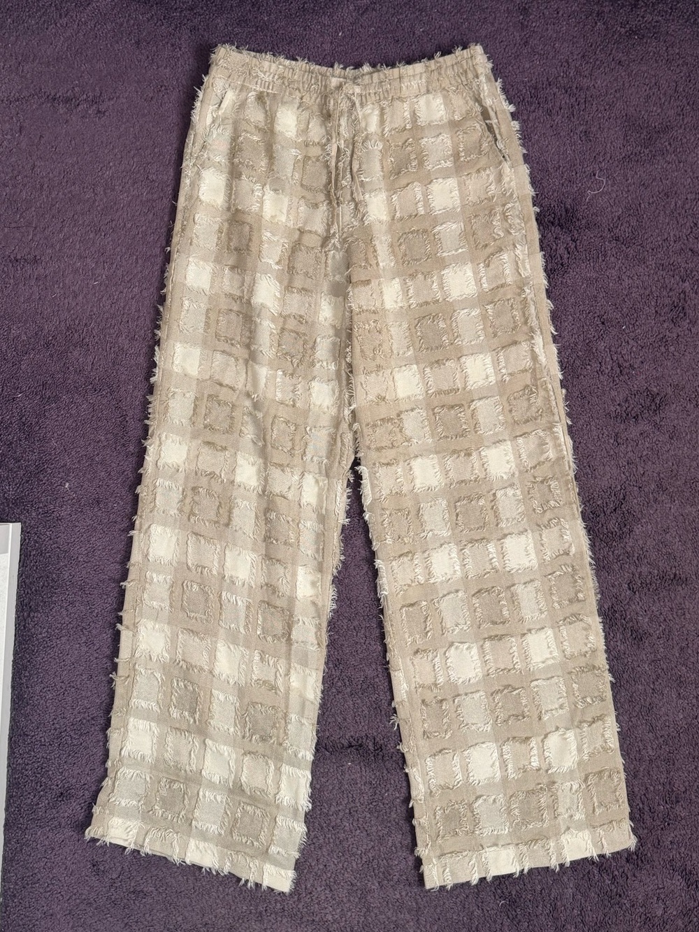 Frayed Check Wide-Leg Trousers in Beige-Cream